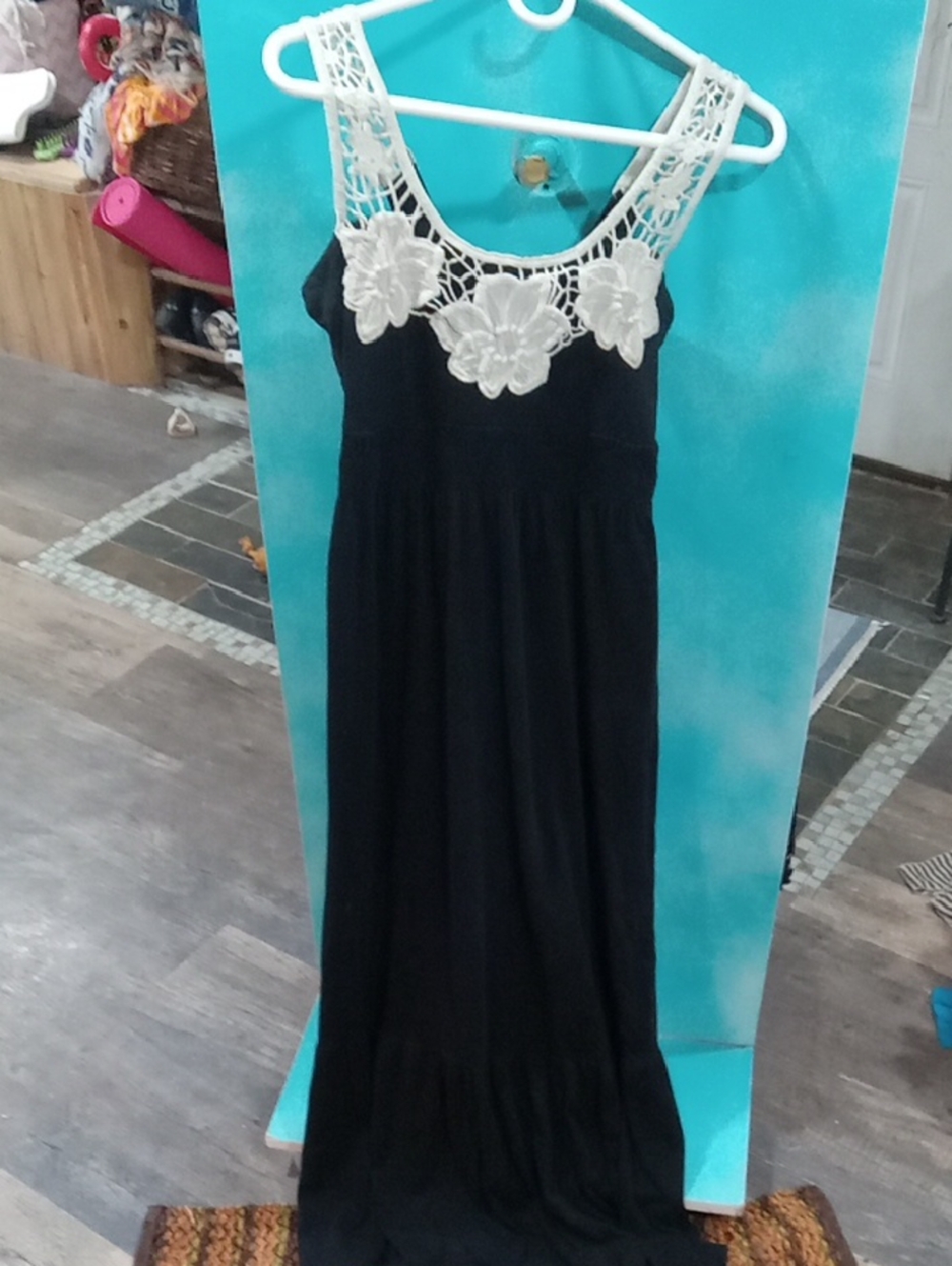 (516) Black Maxi Dress with White Crochet Lace Floral Yoke & Straps